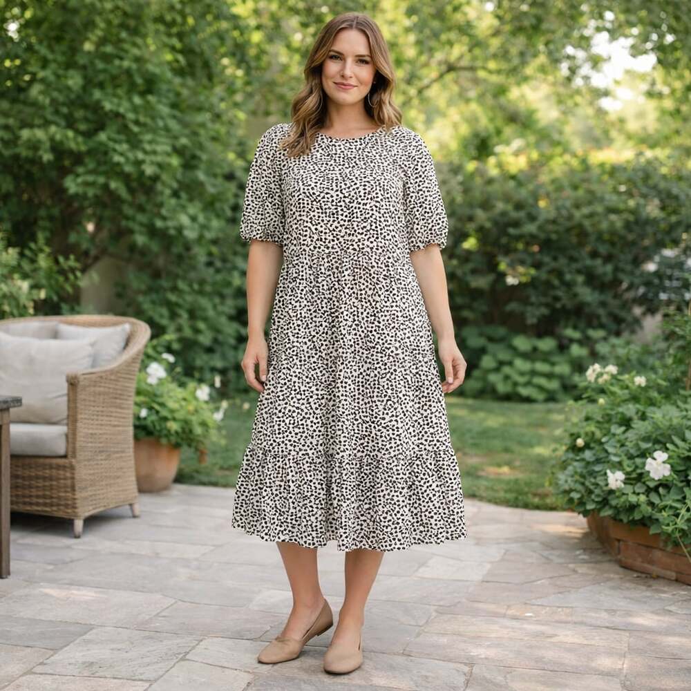 Women's Black and White Printed Midi Dress - Casual Tiered Style
